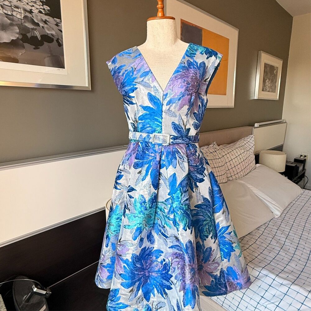 Eliza J Metallic Jacquard Floral Midi Dress Party Ful Skirt US 4